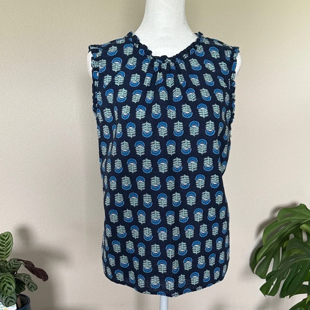 J. Crew Navy Blue Printed Sleeveless Linen top, Size Large